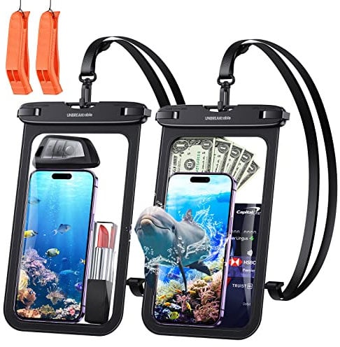 UNBREAKcable Custodia Impermeabile Smartphone, Universale IPX8 Borsa Impermeabile Custodia Subacquea per iPhone 14 13 12 11 PRO Max, Samsung S23 S22 Fino a 9 Pollici, 2 Pezzi con fischi di Emergenza