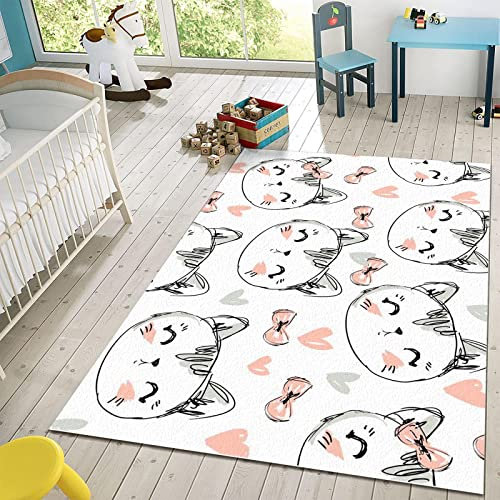 SANSJI Weiße Rosa Katze Teppiche Gegend, Netter Warmer Cartoon Waschmaschinenfest Große Teppiche - für Wohnzimmer, Schlafzimmer, Kinderzimmer, Büro, etc 170 x 240 cm