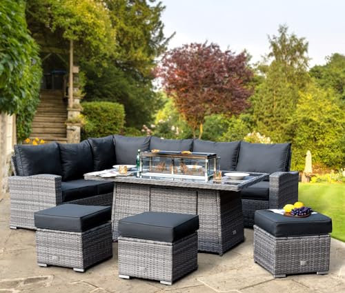Rattan Garden Furniture with Fire Pit Table - Premium Series - 9 Seater Outdoor Furniture Rattan Corner Sofa Corner Garden Dining Sets - FREE RAIN COVER (Grey, Left Hand - Firepit Table)