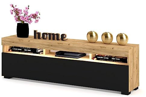 Euro Style TV-Schrank mit LED Stand Tv-Lowboard für Wohnzimmer Schlafzimmer Fernsehschrank Fernsehtisch Sideboard HiFi-Schrank Kommode 60 Zoll, Golden Eiche/Schwarz, 140cm