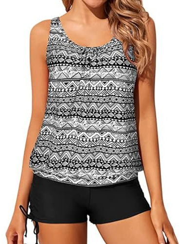IHCEMIH Swimming Costume Women Tankinis Sets Blouson Swimsuits Push up High Waisted Swimwear Bathing Suit Women's Printed Beachwear 2 Piece Tankini with String Shorts for Ladies Geometric Lines XXL