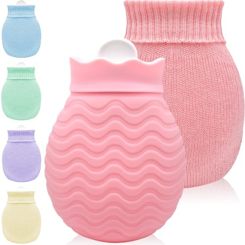 Small Hot Water Bottle with Cover - 320ml Mini Silicone Hot Water Bag for Hot and Cold Compress, Hand Foot Bed Warmer, Ideal for Menstrual Cramps, Neck and Shoulder Muscle Aches Pain Relief, Warmth