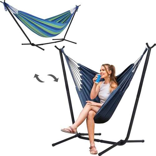 SUNCREAT 2-in-1 wandelbarer Schaukelstuhl mit Ständer inklusive, Outdoor-Hängematten für draußen, zum Patent angemeldet, grüner Streifen