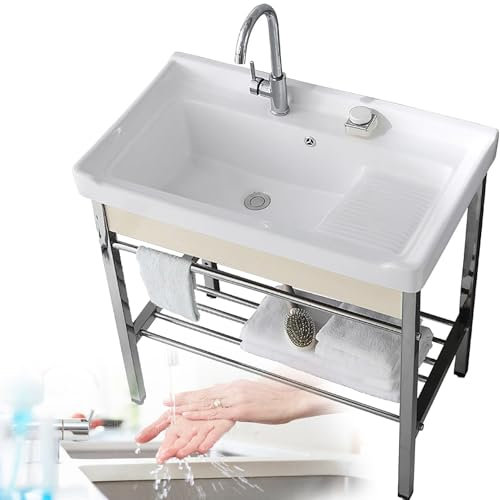Utility Sink Laundry Tub with Storage Shelf, Freestanding Spacious White Wash Station for Laundry Room, Garage, Basement - Slop Sink Washing Station