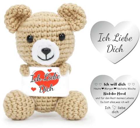 Mini Bär Ich Liebe Dich Geschenke, Jahrestag Geschenk Frauen, Kreative Strickwolle Bär Puppe mit Liebesmünzen Karte, Khaki Pocket Hug Bär, Romantische Geschenk für Ehefrau Hochzeitstag Valentinstag