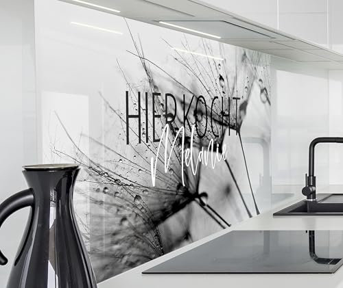 Herd Spritzschutz Wand Spüle, Küche Küchenrückwand Glasoptik | Acryl Glas 2mm | Glasrückwand Acrylglas - personalisiert mit Namen - Rückwandschutz Platte | 60x60cm Pusteblume, Löwenzahn schwarz-weiß