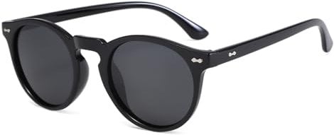 Long Keeper Retro Round Polarised Sunglasses Mens Womens Small Circle Sunglasses Classic Vintage Shades Unisex UV400 Protection Round Sun Glasses (Black Frame Dark Grey Lens)