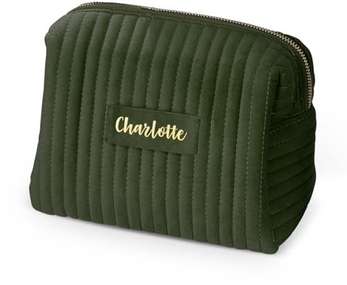 Beauty Kram - Personalisierte Kosmetiktasche mit eigenem Namen für Make Up und Reiseutensilien aus Premium Samt - Grün 22 x 16 cm