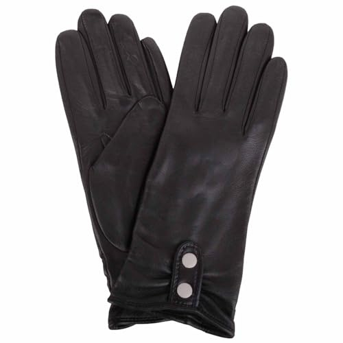 SNUGRUGS Womens Genuine Soft Leather Gloves with Piping and Contrast Button Detail - Black/Ivory - Large
