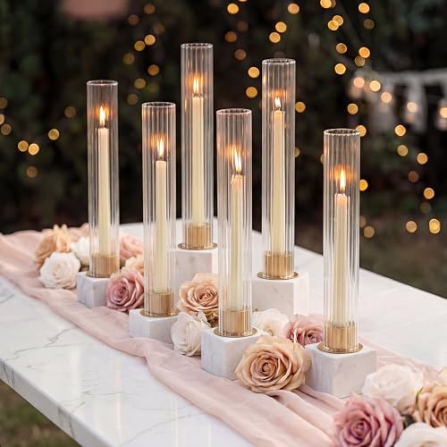 NUPTIO Kerzenständer Gold Glaszylinder für Kerzen Kerzenhalter Stabkerzen | Glas Stabkerzenhalter Ohne Boden Goldene mit Glasaufsatz Windlicht Glas Hochzeit Weihnachten Advent Kamin Tisch