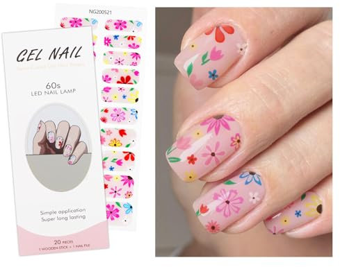 JMEOWIO Gel Nail Stickers Colorful Flower Semi Cured Gel Nail Strips Wraps UV/LED Nails Art Design Decoration Accessories