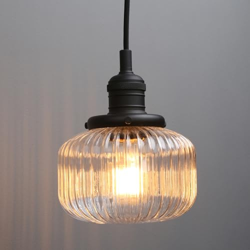 Pathson Suspension Luminaire Industrielle, Abat-jour en Verre Éclairage Intérieur E27 Lampe Suspendue Plafonnier pour Cuisine L'île Chambre Salon Entree (Noir, 6.3“ citrouille)