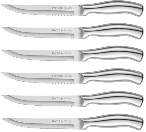 Ruffulon Couteau à Steak, 6 couteaux à steak en acier inoxydable, ensemble de couteaux à steak dentelés, couverts à steak de cuisine, passe au lave-vaisselle ，Dentelés Super Tranchants, 23CM
