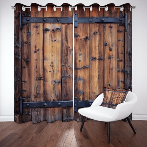 Rideau Porte de Grange Chambre Salon, Isolant Thermique Anti Froid, Porte en Bois Rustique Ferme Rideau Phonique Anti Bruit 260x210 2 Panneaux, Rideaux Occultant Intérieurs À Oeillet