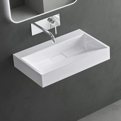 Mai & Mai Waschbecken Weiß Aufsatzwaschbecken Hängewaschtisch inkl. Ablaufgarnitur Mineralguss Rechteckig Waschplatz ohne Armaturenloch Breite: 50cm