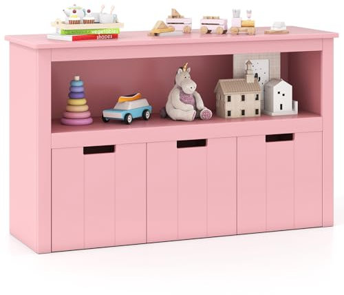COSTWAY Coffre de Rangement Enfant pour Jouet avec 3 Tiroirs et Grand Compartiment, Meuble de Rangement Commode pour Livre/Bloc/Jouet, Idéal pour Chambre d'enfant, 101x33x62CM (Rose)