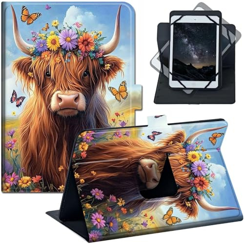 Universal Case for 7 inch 8 inch Tablet with Stand, PU Leather Folio Cover, Compatible with Fire HD 8, iPad mini 7/6, Galaxy Tab A9, Lenovo Tab M9, Cute Highland Cow