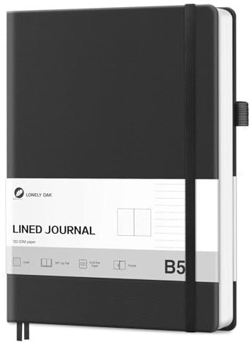 Lonely Oak Notizbuch B5 Liniert Hardcover, 120g/m²Dickes Premium Säurefreies Papier, 160 Seiten Journal mit Gummiband & Innentasche, 19,3 x 25,4 cm(Schwarz)