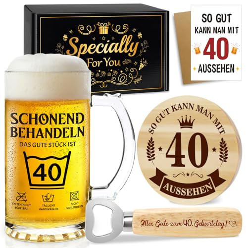 40 Geburtstag Männer Bierkrug 0,5 L mit Flaschenöffner und Holzuntersetzer | Personalisierte Biergläse Geschenk 40. Geburtstag Mann, witziges Geburtstagsgeschenke für Männer Ehemann Freund Kollegen