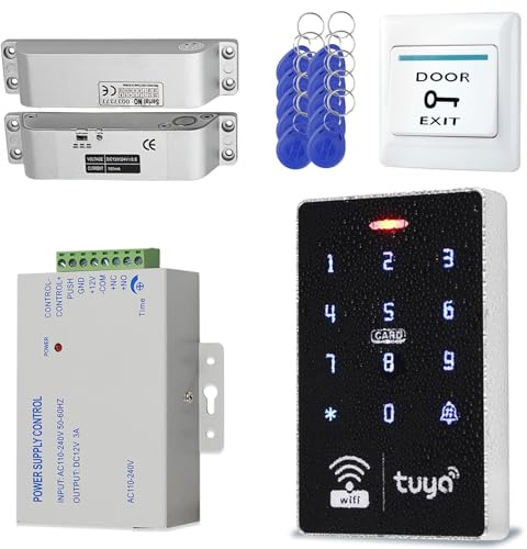 Sistema di controllo accessi + alimentatore 12 V CC + pulsante di apertura porta + serratura elettrica, 10 portachiavi ID (125 kHz), adatto per casa, ufficio, appartamento e hotel