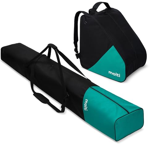molti Skitasche Set - Skisack 195 cm + Skischuhtasche - Wasserabweisend 600D, Verstärkt, Belüftet, Mit Riemen & Taschen – Für Ski, Stiefel & Zubehör (Schwarz-Türkis)