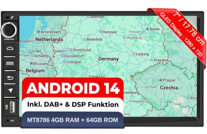 M.I.C. U7-S Android 14 Autoradio - Universal für VW/Toyota/Kia/Nissan | Hyundai/Fiat; MT8786,4G+64G,7 Zoll QLED,inkl. DAB+,SIM/4G,Wireless CarPlay & Android Auto,GPS Navigation,BT5,36-Band-DSP