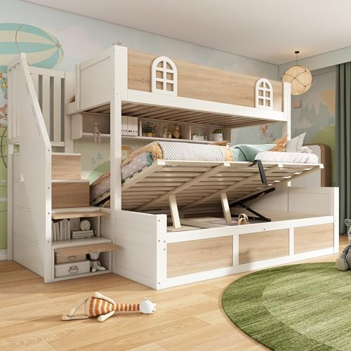 Zravenna Hochbett Etagenbett 90x200 cm & 140x200 cm, Rausfallschutz Kinderbett mit Bettkasten, Treppenschrank, Stauraum Lagerregal, Familienbett für 2 Kinder, Kiefer (G, 90x200cm&140x200cm)