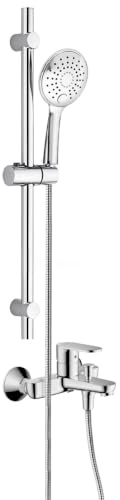 Belvit Hansgrohe Vernis Blend Wannenmischer Set, Chrom | Keramikmischsystem, Handbrause Mehrstrahl, Duschstange 85 cm, Umsteller Wanne Dusche, Anti-Kalk Düse, Duschsystem