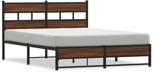 Owoxanthellate Metallbett 135x190 cm Braun Eiche-Optik, Stahlrahmen, Kopfteil, Lattenrost, Stauraum, leicht montierbar