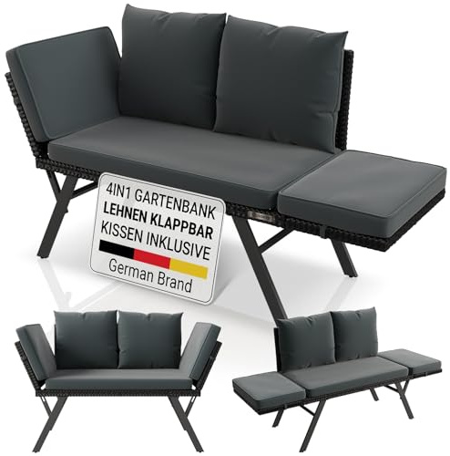 Juskys Gartenbank Calvia bis zu 3 Personen | Sitzen oder liegen im Freien | klappbare Polyrattan Multifunktionsbank & Sonnenliege | Gartensofa Outdoor wetterfest | bis 240 kg für Balkon und Terrasse