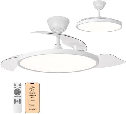 BLEYTON Ventilatore da soffitto silenzioso, luce LED e pale retrattili, 107 cm, ventilatore motore DC con controllo WiFi, app, Alexa e Google, colore bianco, 6 velocità, timer
