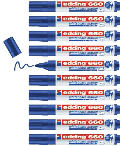edding 660 marcador para pizarras blancas - azul - 10 rotuladores - punta redonda 1,5-3 mm - rotulador para pizarra blanca, borrado en seco - pizarra blanca, flipchart, tablón de notas - recargable