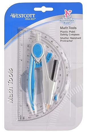 Westcott 14558-002 2 Piece Math Tools, Compass & Protractor Set (Assorted Colors)