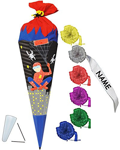 alles-meine.de GmbH BASTELSET Schultüte - Spider Figur/Mann - 85 cm - incl. individueller Schleife - mit/ohne Kunststoff Spitze - Zuckertüte - Set zum selber Basteln - 6 ..