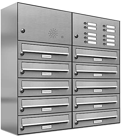 AL Briefkastensysteme 10er Briefkastenanlage Edelstahl mit Klingel, Premium Briefkasten DIN A4, 10 Fach Postkasten modern Aufputz