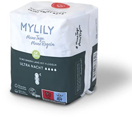 MYLILY® Damen Binden Bio Nacht (12 Stück) I 100% Bio-Baumwolle | Binden ohne Duftstoffe | Binden Atmungsaktiv | Binden Menstruation | Binden Damen starke Blutung | Binden mit Flügel I Organic Binden