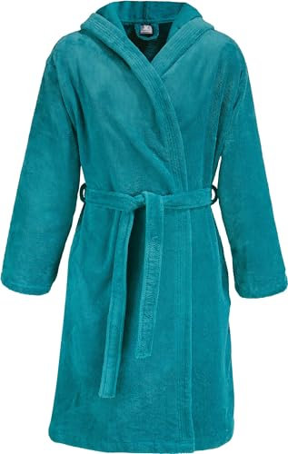 Erwin Müller Unisex-Bademantel Petrol Größe XS, Morgenmantel, Saunamantel, Frottier, Serie Heidenheim - hochwertige Spitzenqualität, mit Kapuze, Bindegürtel und Zwei Eingriffstaschen