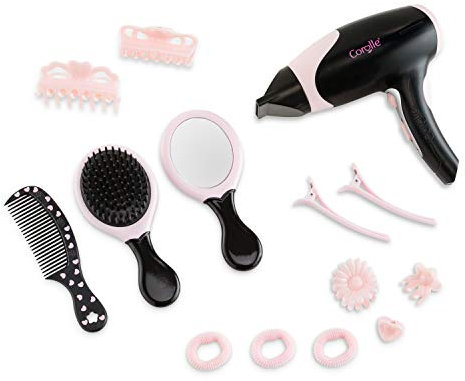 Corolle 9000310020 - Stylingzubehör, 14 Teile, Fön mit elektrischer Funktion, Bürste, Kamm, Spiegel, Haarclips und Gummis, ab 3 Jahren