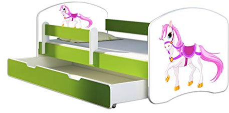 ACMA Kinderbett Jugendbett mit Einer Schublade und Matratze Grün mit Rausfallschutz Lattenrost II 140x70 160x80 180x80 (43 Kleines Pferd, 180x80 + Bettkasten)
