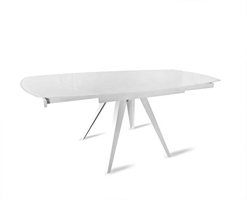 Meubletmoi - Mesa de comedor ovalada extensible 120/180 cm, bandeja de cristal templado con patas acampanadas de metal blanco - Adelphia 1