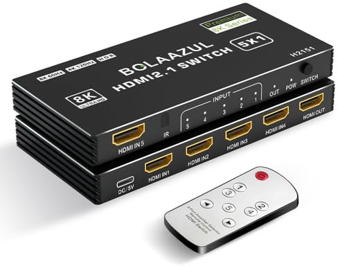 BolAAzuL Conmutador HDMI 2.1 8K 120Hz 4K 5 en 1 salida, 8K @60Hz HDMI 2.1 caja selectora de 5 puertos con control remoto 4K 120Hz 2K 144Hz, HDMI 5x1 HDR, 48Gbps, CEC, Dolby Vision, para Xbox Series X