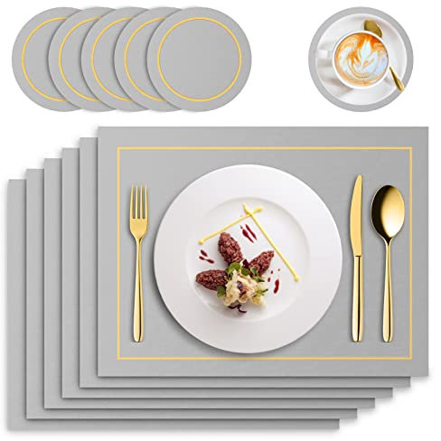 RIWNNI Tischsets PU Leder 6er Set, Platzsets und Untersetzer Set, Abwaschbar Lederoptik Platzdeckchen, Wasserdicht Rutschfest Hitzebeständig Kunstleder Tischset, 41x31cm Esstisch Unterlage, Hellgrau