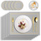 RIWNNI Tischsets PU Leder 6er Set, Platzsets und Untersetzer Set, Abwaschbar Lederoptik Platzdeckchen, Wasserdicht Rutschfest Hitzebeständig Kunstleder Tischset, 41x31cm Esstisch Unterlage, Hellgrau