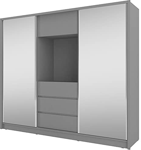 MOEBLO Kleiderschrank Schwebetürenschrank mit Spiegel 2-türig mit Spiegel Schrank mit Einlegeböden und Kleiderstange, Tv-Fach BxHxT 254x214x62 Cinema Spiegel 250 Graphit