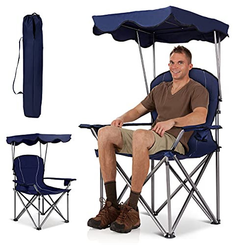 RELAX4LIFE Silla Plegable Camping con Toldo para Pesca y Marco de Acero, Silla de Playa de Tela Oxford con Soporte para Bebidas y Bolsa de Transporte para Excursión y Camping, Carga 120kg (Azul)
