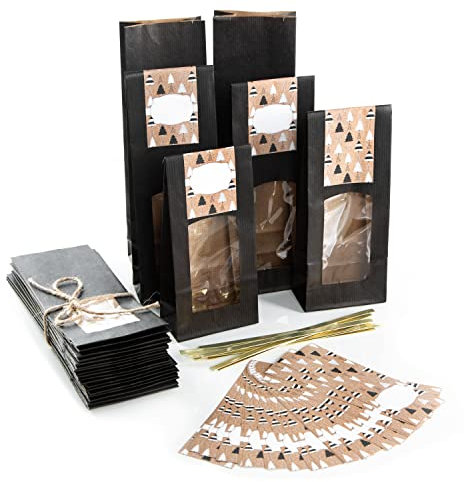 Logbuch-Verlag 25 schwarze Standbodenbeutel für 250-500 g Inhalt - weihnachtliche Papiertüte mit Sichtfenster 26,5 x 8,5 x 5 cm