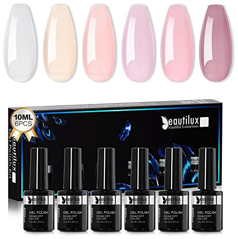 Beautilux Rubber Base Gel, Nude Rose Weiß Soak Off UV LED 3 in 1 Rubber Base Coat 6 Nude Farben 10 ml Base Gel Nagellack Sets für DIY Nail Art Maniküre und Salon