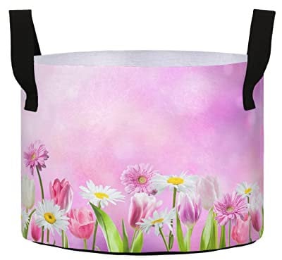 Vasi per piante in tessuto non tessuto con maniglie, verdure coltivano borse per piante vegetali, vivaio, 3/5/7/10 galloni, (tulipani colorati fiori primaverili e camomille