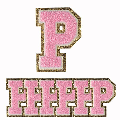 6 PCS Pink Chenille Letter Patches, Embroidered Letters, Glitter Patches, Varsity Iron on Gold Letter Patches, Sew On Letter Patch 3.1in Height Letter P