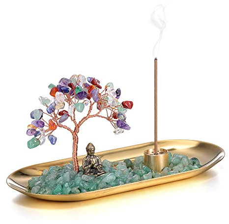JOVIVI Portaincenso Bastoncino Soprammobile con Albero della Vita in Chakra Pietre, Bruciatore Incenso Ceneri con Statua di Buddha Piccola, Ornamento Decorativo Interni Casa Reiki Guarigione-7 Chakra